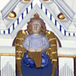 Træskulptur, måske af Haaken Gulleson, oprindelig fra alterskab (fra ca. 1500). I 1770 flyttet til prædikestolens lydhimmel. Harmångers kyrka, Hälsingland
