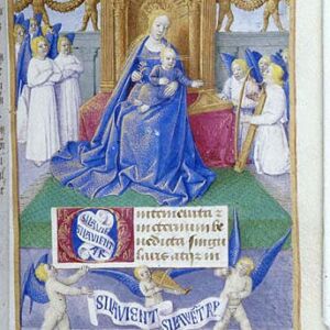 Engle lovsynger Maria med barnet. Til højre ses engel, der spiller på et clavisimbalum. Tidebog. Tours, ca. 1465-1468. Bourges ca. 1470. Morgan Library, MS M.834 fol. 25r
