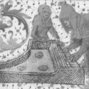 Abe der spiller cembalo. Detalje af manus. fra 1469. MS fr 331, f 145v, Bib. Nat. Paris